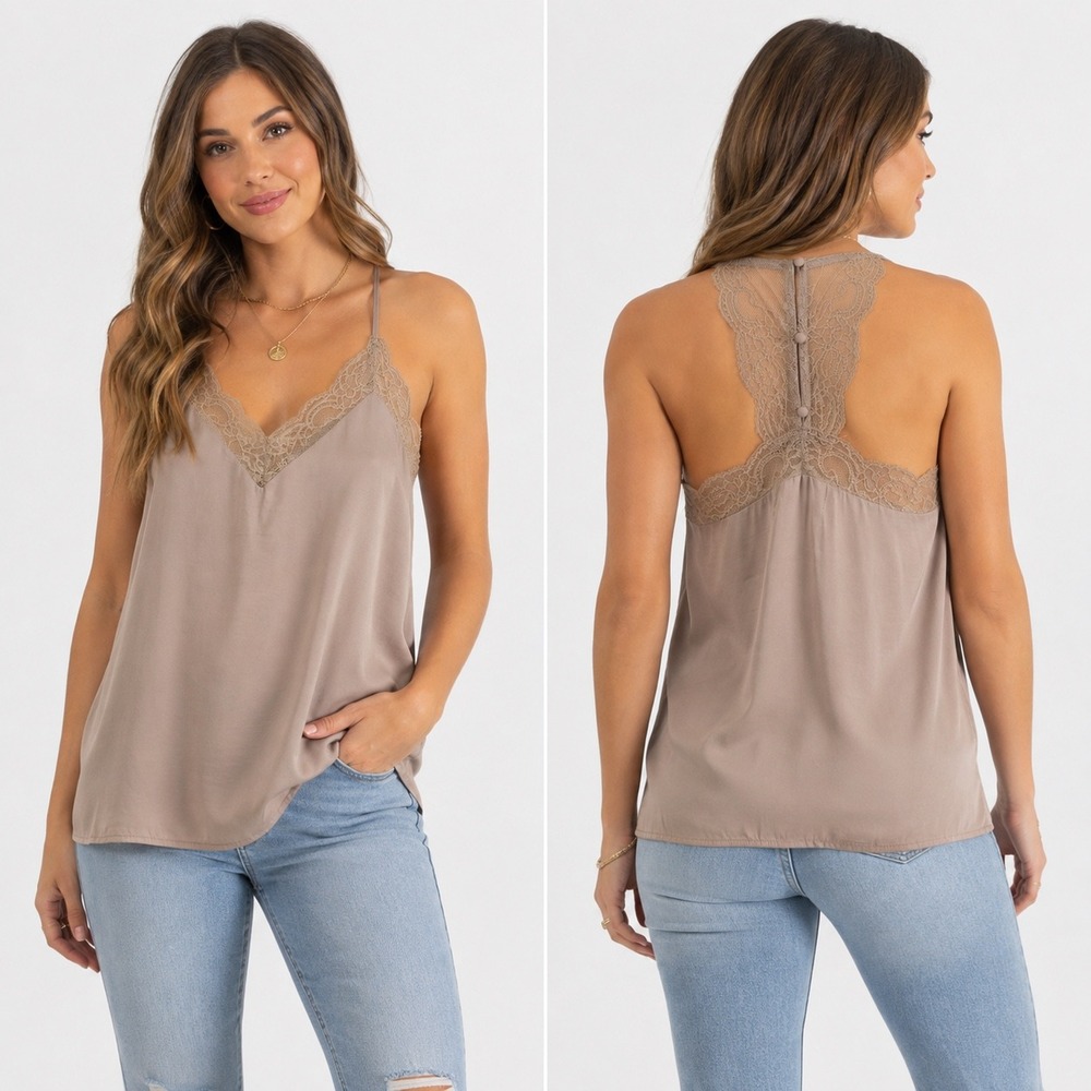 Closette Chic Camisole Small Taupe Lace V-Neck Racerback Button Coquette Neutral
